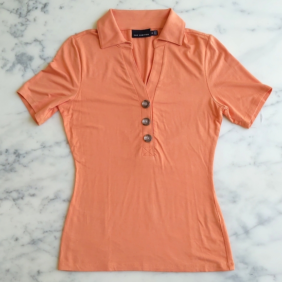 NWOT. The Limited Rayon and Spandex Orange Short Sleeve Polo with big buttons. - Picture 3 of 4